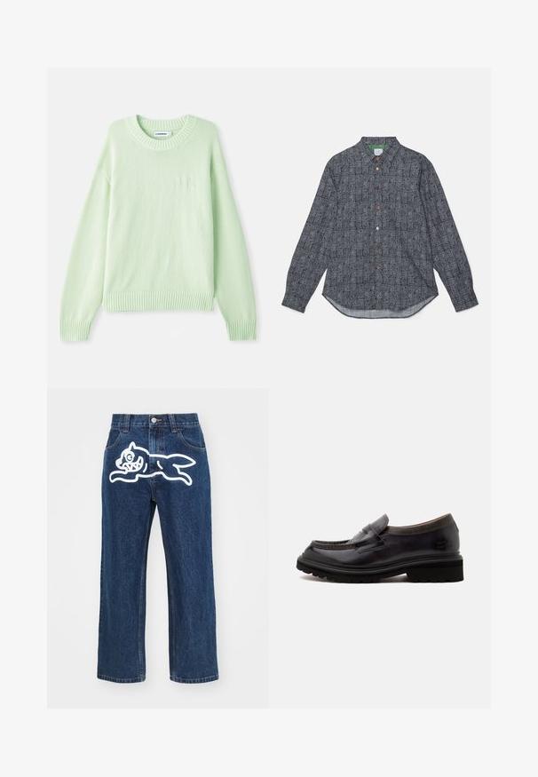 Svetlozelený pletený sveter s okrúhlym výstrihom, rebrovanými manžetami a spodným lemom. Obsahuje nenápadný detail loga na ľavej strane hrude.; PS Paul Smith MENS CASUAL FIT - Košeľa - blues; Tmavomodré široké nohavice s veľkým bielym karikatúrnym psom na zadnej vrecku. Džínová textúra, tradičný dizajn so štyrmi vreckami.; Čierny kožený loafer s hrubou gumovou podrážkou a textúrovaným golierom, bočný pohľad na jednoduchom svetlom pozadí.