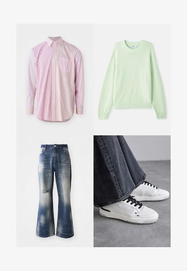Lys grøn strikket sweater med rund halsudskæring, ribbede manchetter og kant. Har et subtilt logo-detail på venstre bryst.; Langærmet skjorte med skiftende brede og smalle lyserøde striber, en knap-ophøjet krave og en venstre brystlomme med et lignende stribet mønster.; Blå flagrende jeans med falmede områder og slidte knædetaljer. Lavet af denim, med knaplukning og fem-lomme design.; Hvide sneakers med sorte snørebånd og mesh-detaljer. Har en glat læderoverdel og en tekstureret gummisål. Bæres sammen med brede grå jeans.