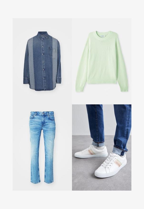 Heledad roheline kudumiga kampsun ümmarguse kaelusega, ribakudumiga varrukate ja ääred. Vasakul rinnal on peen logo detail.; Denim särk, millel on kahetooniline disain, kus on tumedat ja heledat sinist osa, nööpide ees, krae ja rinna tasku.; Sinine denimitest pükste paar, millel on pleekinud pesu, sirge jalgade disain ja toores äär. Omab viit taskut ja metallnuppude detaile.; Valged nahast spordijalatsid mitmevärviliste triipudega, nööriga disain, kummist talla ja pehmendusega krae, kombineeritud siniste teksadega.