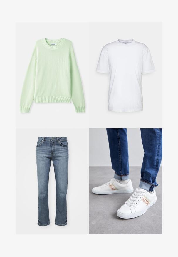 Hellgrüner Strickpullover mit rundem Halsausschnitt, gerippten Bündchen und Saum. Verfügt über ein dezentes Logodesign auf der linken Brust.; Weißes Baumwoll-T-Shirt mit Rundhalsausschnitt, kurzen Ärmeln und geradem Saum. Auf der linken Seitennaht befindet sich ein kleines Markenzeichen.; Blaue Jeans bestehen aus Denim, haben einen geraden Bein-Design, ein Fünf-Taschen-Stil und einen Knopfverschluss mit kontrastierenden Nähten.; Weiße Leder-Sneaker mit mehrfarbigen Streifen, Schnürdesign, Gummisohle und gepolstertem Kragen, kombiniert mit blauen Jeans.
