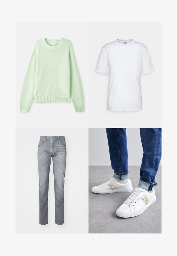 Lys grøn strikket sweater med rund halsudskæring, ribbede manchetter og kant. Har et subtilt logo-detail på venstre bryst.; Hvid bomulds t-shirt med rund hals, korte ærmer og lige kant. Har et lille mærke på den venstre sidesøm.; Grå denimjeans med lige pasform, fem lommer, bæltehuller og lukning med knap foran. Diskret falming for tekstur.; Hvide lædersneakers med multicolore striber, snørebåndsdesign, gummisål og polstret krave, parret med blå denimjeans.