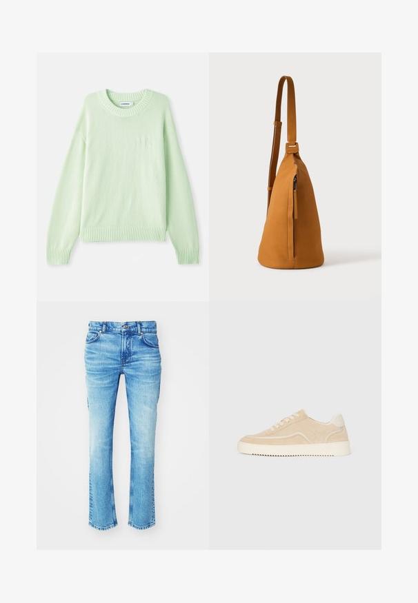 Hellgrüner Strickpullover mit rundem Halsausschnitt, gerippten Bündchen und Saum. Verfügt über ein dezentes Logodesign auf der linken Brust.; Blaue Jeans aus Denim mit einem ausgewaschenen Look, geradem Bein und rohem Saum. Verfügt über einen Fünf-Taschen-Stil und Metallknopf-Details.; Beige Wildlederschuh mit weißer Sohle und Schnürsenkeln, niedrig geschnittenes Design und Zickzackprofil auf der Sohle.; Hellbraune Leder-Umhängetasche mit verstellbarem Trageriemen und vertikaler Reißverschlusstasche, von der Seite vor hellem, einfarbigem Hintergrund gezeigt.