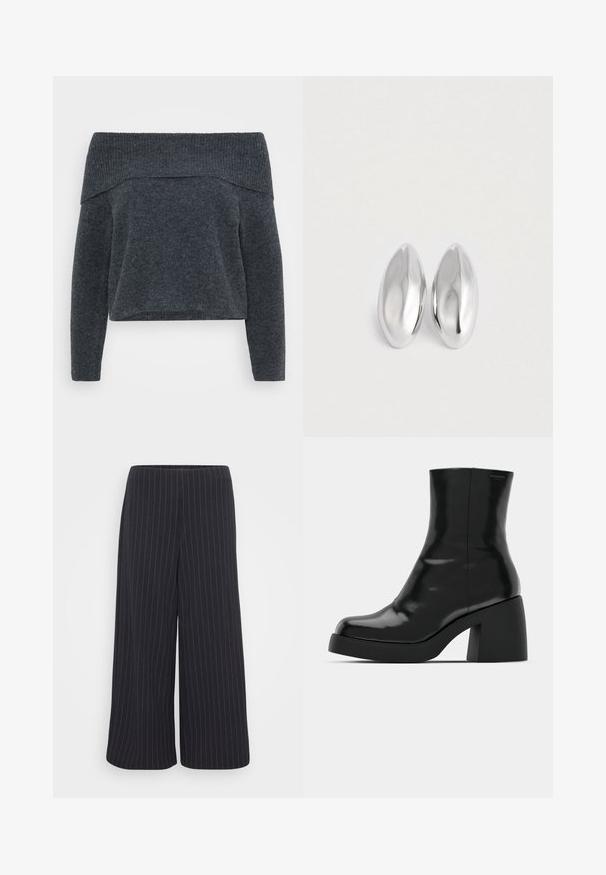 Off-the-shoulder donkergrijze sweater met ribbelkraag en lange mouwen. Zachte textuur en een losse pasvorm, ontworpen voor een ontspannen uitstraling.; Zwarte wijde broek met witte streepjespatroon. Gemaakt van soepele stof, met een hoge taille en zonder zichtbare sluitingen.; Zwarte enkellaarzen met een glanzende afwerking, vierkante neus en een dikke blokhak. Het ontwerp heeft een naadloze silhouet en minimale branding.; Een paar gladde, glanzende zilveren ovale objecten die naast elkaar zijn geplaatst op een eenvoudige witte achtergrond.