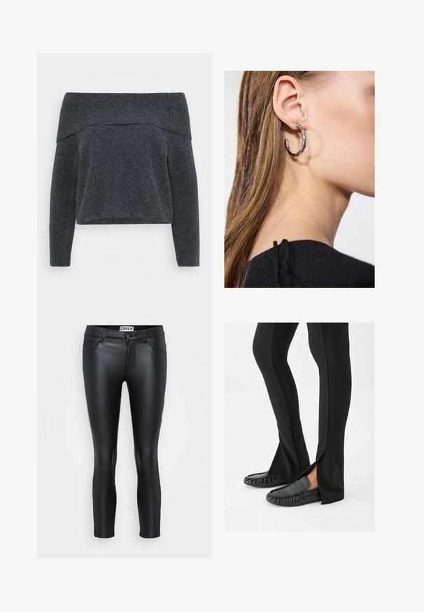 Dunkelgrauer Off-Shoulder-Pullover mit geripptem Halsauschnitt und langen Ärmeln. Weicher Stoff und lockere Passform, entworfen für einen entspannten Look.; Schwarze Leggings aus einem glänzenden Material, mit einer figurbetonten Passform, fünf Taschen, gestickten Details und einem Knopfverschluss vorne.; Beine mit schwarzen, ausgestellten Hosen mit seitlichen Schlitzen, kombiniert mit schwarzen Leder-Mokassins auf weißem Hintergrund.; Silberne Creolen mit polierter Oberfläche, die kleine goldene Akzentdetails und eine runde Form aufweisen, am Ohrläppchen getragen.