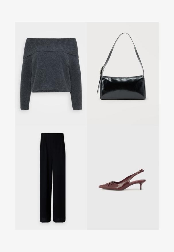 Off-the-shoulder mørkegrå sweater med ribbet halsudskæring og lange ærmer. Blød tekstur og løs pasform, designet til et afslappet look.; Vero Moda Petite VMLIVA SUPER WIDE PANTS - Bukser - black; Bordeaux læder slingback hæl med spidse tå, justerbar rem og dekorativ sløjfedetalje foran. 7,5 cm hælhøjde.; Sort rektangulær skuldertaske med en enkelt justerbar rem og lynlås i toppen på en ensfarvet baggrund.