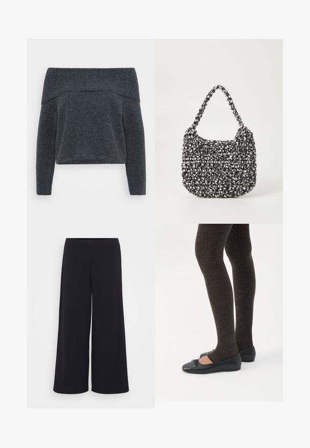 Off-the-shoulder donkergrijze sweater met ribbelkraag en lange mouwen. Zachte textuur en een losse pasvorm, ontworpen voor een ontspannen uitstraling.; Zwarte wijde broek gemaakt van soepel stof, met een hoge tailleband en een vloeiende silhouet, met een schone, onversierde stijl.; Benen met donkere geribbelde leggings gecombineerd met zwarte ballerina's met kleine strikdetails op een witte achtergrond.; Geweven handtas in zwart en wit met een ronde vorm, gestructureerd oppervlak en een gevlochten handvat. Geschikt voor dagelijks gebruik.