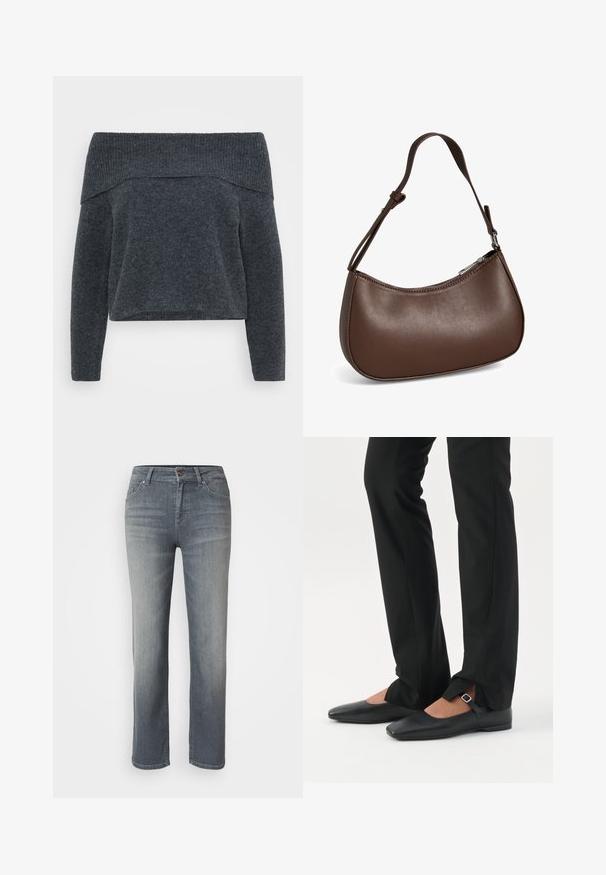 Pull-over sombre gris foncé à épaules dénudées, avec un col côtelé et des manches longues. Texture douce et coupe ample, conçu pour un look décontracté.; Jeans en denim gris avec une coupe droite, un design à cinq poches, fermeture à bouton et à zip, et une finition légèrement délavée.; Jambes vêtues d’un pantalon slim noir avec des fentes à l’avant de l’ourlet, assorties à des chaussures plates Mary Jane noires avec une petite bride à boucle.; Petit sac bandoulière en cuir marron avec sangle réglable et fermeture éclair, présenté sur fond blanc. Aucun logo ou décoration visible.