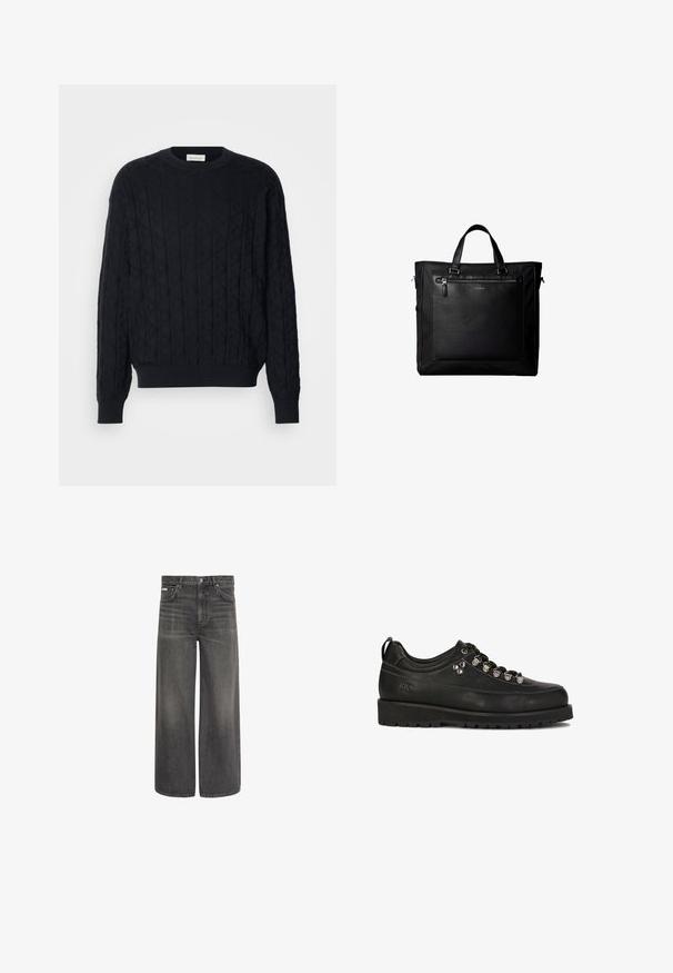 Sort strikket sweater med en diamanttekstur, rund hals og ribbede manchetter og kant. Lavet af blødt, varmt stof.; Mørkegrå vidbenede cowboybukser med for- og baglommer, bæltestropper samt knap- og lynlåslukning.; Kazar Studio KS BLAISE - Sporty snøresko - black; Sort taske med dobbelte håndtag, stor læderlomme foran med lynlås og diskret Calvin Klein-logo midt på lommen.