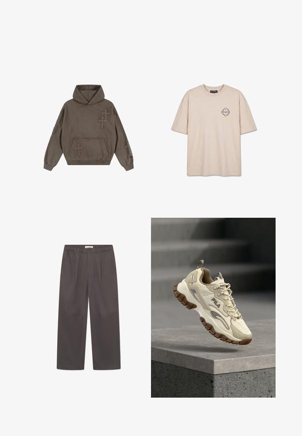 Brauner Kapuzenpullover mit aufgenähten Kreuzmustern auf Brust, Ärmeln und vorderer Tasche, mit Kängurutasche sowie gerippten Bündchen und Saum.; Beiges T-Shirt mit kurzen Ärmeln, rundem Ausschnitt und kleinem schwarzem "PEGADOR" Logo auf der linken Brust.; Graue, weite Hosen aus glattem Stoff, mit einem Knopfverschluss und zwei seitlichen Taschen. Einfaches, klares Design ohne sichtbare Muster.; Beiger Sportschuh mit strukturiertem Mesh und Lederakzenten, ausgestattet mit einer dicken braunen Gummisohle und gebrandetem Logo an der Seite.