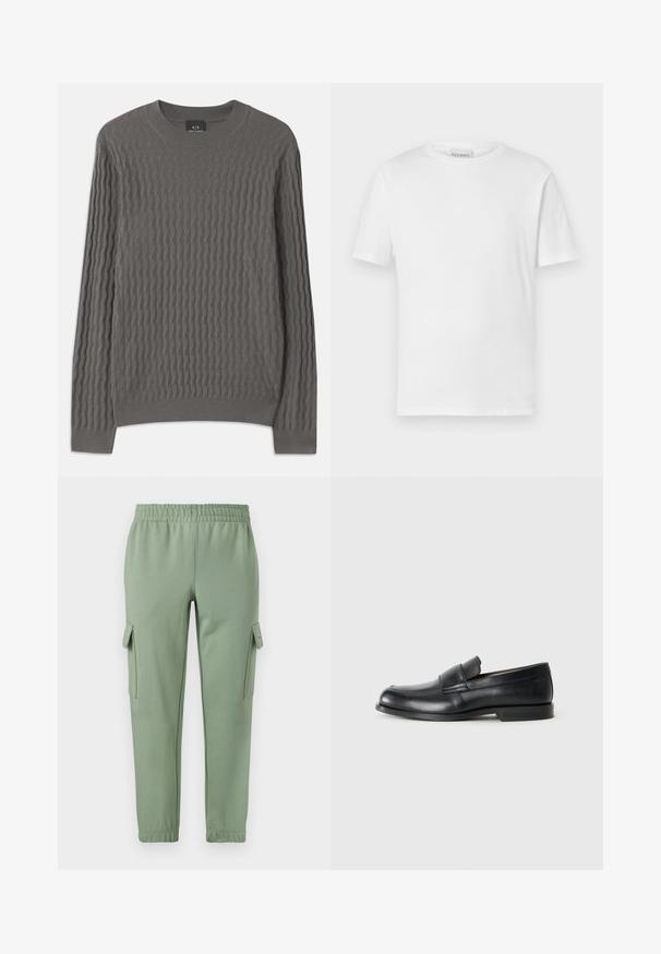 Armani Exchange Džemper - dark gull zig zag; Valge lühikeste varrukatega T-särk, mis on valmistatud puuvillast. Omab ümarat kaelust ja sirget allääret. Ilma mustrite või kaunistusteta. Lihtne disain.; Heledad rohelised dressipüksid elastse vöökoha, kitsenevate jalgade ja kahe külgkoti taskuga. Valmistatud pehmest ja hingavast kangast.; Mustad mustad nahast mokassiinid ümarate varvastega, õmblustega ja lamedate kummitaldadega. Omab laia bändi jala keskosas.