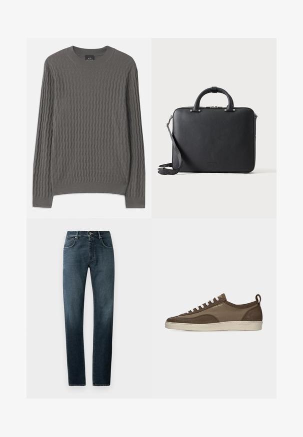 Armani Exchange Jersey de punto - dark gull zig zag; Vaqueros de mezclilla oscura con un corte recto, diseño clásico de cinco bolsillos, costuras en contraste y un sutil efecto desgastado en los muslos.; Zapatilla baja marrón con cordones blancos, suela beige, parte superior de tela y ante, lengüeta lateral y logo "Tiger of Sweden" en texto dorado.; Maletín de cuero negro texturizado con asas dobles, correa de hombro desmontable y cierre superior con cremallera sobre un fondo claro y liso.