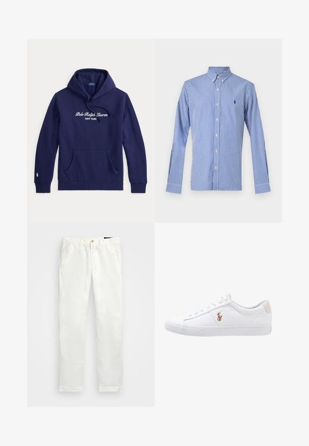 Mørkeblå hættetrøje med forlommer, snøretræk i hætten og hvid Polo Ralph Lauren New York tekst over brystet.; Blå og hvide, lodrette stribede, langærmede skjorte med knapper og knappet krave samt en lille marineblå broderet logo på venstre bryst.; Hvide bomulds chinos med lige ben design, der har sidelommer, en enkelt knaplukning og en glat tekstur.; Hvide kanvas sneakers med lågtop design, prydet med en beige hælkappe og et lille broderet logo på siden. Gummisål.
