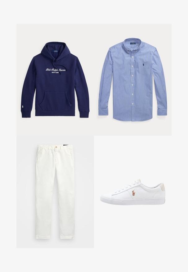 Navyblauwe hoodie met voorzak, trekkoord in de capuchon en witte Polo Ralph Lauren New York tekst op de borst.; Blauw-wit verticale gestreepte blouse met lange mouwen, knopen en een button-down kraag, met Polo Ralph Lauren-logo op de borst.; Witte katoenen chinos met een rechte pijpdesign, voorzien van zijzakken, een enkele knoopsluiting en een gladde textuur.; Witte canvas sneakers met een laag ontwerp, featuring een beige hieltab en een klein geborduurd logo aan de zijkant. Rubber zool.