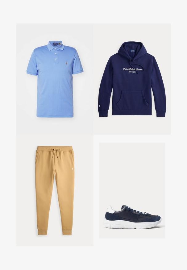 Tmavomodrá mikina s kapucňou, predným klokánkovým vreckom, sťahovacou šnúrkou na kapucni a bielym nápisom Polo Ralph Lauren New York na hrudi.; Svetlomodrá polo košeľa z bavlny, s golierom, trojicou gombíkov na prednej strane a malým vyšitým logom na ľavom prsníku.; Béžové teplákové nohavice s elastickým pásom na šnúrku, bočnými vreckami, rebrovanými manžetami a malým bielym logom na pravej stehne.; Námorné tenisky s kombináciou hladkej kože a semišu na hornej časti, bielou gumovou podrážkou a kontrastnými bielymi šnúrkami s logom na boku.