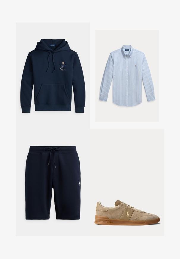 Marineblauer Kapuzenpullover mit Fronttasche, Kordelzügen und kleinem, gesticktem Skifahrer-Motiv sowie "POLO"-Schriftzug auf der Brust.; Hellblaues Langarm-Hemd mit weißen vertikalen Streifen und einem kleinen gestickten Polo Ralph Lauren Logo auf der Brust.; Marineblaue Baumwoll-Sportshorts mit elastischem Bund, Kordelzug und Logo-Akzent auf der linken Seite. Glatte Textur, knielang.; Beiger Wildleder- und Leder-Low-Top-Sneaker mit Gummisohle, weißen Schnürsenkeln und Polo-Logo an der Seite und an der Sohle.
