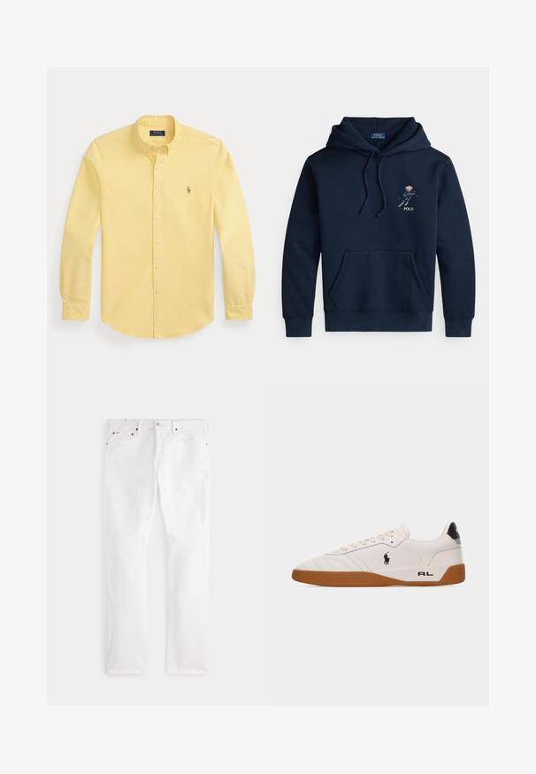 Marineblauer Kapuzenpullover mit Fronttasche, Kordelzügen und kleinem, gesticktem Skifahrer-Motiv sowie "POLO"-Schriftzug auf der Brust.; Gelbes langärmliges Hemd mit Knöpfen und Kragen sowie kleinem besticktem Logo auf der linken Brust, flach auf weißem Hintergrund gelegt.; Weiße gerade geschnittene Jeans mit Fünf-Taschen-Design und Knopfverschluss, flach auf neutralem Hintergrund präsentiert.; Weißer Sneaker mit niedrigem Schaft, brauner Gummisohle, schwarzem Polo Ralph Lauren-Logo an der Seite und "RL"-Schriftzug im Fersenbereich.