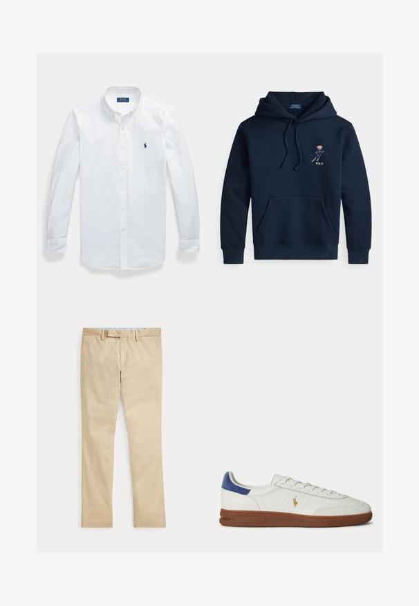 Donkerblauwe hoodie met voorkantzak, trekkoorden, een kleine geborduurde skisprongafbeelding en de tekst "POLO" op de borst.; Wit overhemd met lange mouwen en knopen, met kraag, Polo Ralph Lauren-logo geborduurd op de linkerborst.; Beige broek met rechte pijpen, ceintuurlussen en een voorrits, plat gelegd tegen een witte achtergrond.; Witte lage sneaker met bruine zool, blauwe hieltab, veters en gouden Polo Ralph Lauren-logo aan de zijkant.