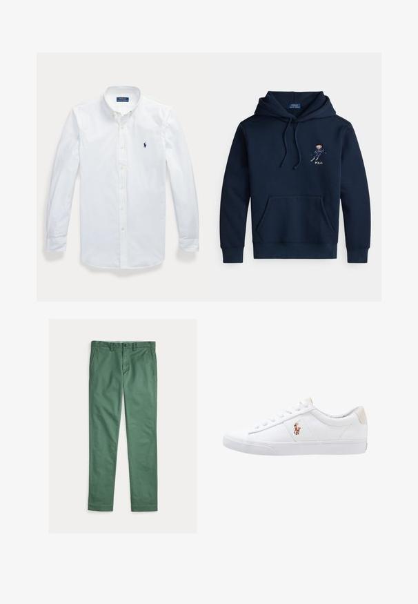 Marineblauer Kapuzenpullover mit Fronttasche, Kordelzügen und kleinem, gesticktem Skifahrer-Motiv sowie "POLO"-Schriftzug auf der Brust.; Weißes, langärmeliges Hemd mit Knopfleiste und Kragen, Polo Ralph Lauren-Logo auf der linken Brust gestickt.; Grüne Herrenstoffhose mit geradem Bein, vorderen Taschen, Gürtelschlaufen und Knopfverschluss, flach auf weißem Hintergrund präsentiert.; Weiße Leinensneaker im Low-Top-Design mit einem beigen Ferseneinsatz und einem kleinen gestickten Logo an der Seite. Gummisohle.