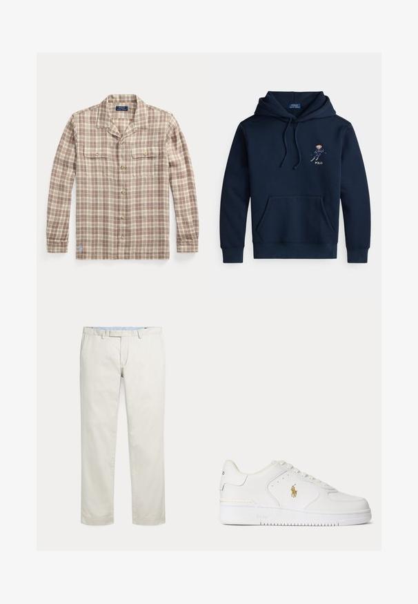 Marineblauer Kapuzenpullover mit Fronttasche, Kordelzügen und kleinem, gesticktem Skifahrer-Motiv sowie "POLO"-Schriftzug auf der Brust.; Beige-weiß kariertes Hemd mit langen Ärmeln, Knopfleiste, Kragen und zwei Brusttaschen, Polo Ralph Lauren Etikett sichtbar innen am Kragen.; Cremefarbene gerade geschnittene Hosen mit Gürtelschlaufen und verdecktem vorne liegenden Verschluss auf einfarbigem Hintergrund.; Weißer Leder-Sneaker mit niedrigem Schnitt, weißen Schnürsenkeln und einem goldfarbenen Polo Ralph Lauren-Logo an der Seite sowie "Polo" auf der Sohle geprägt.