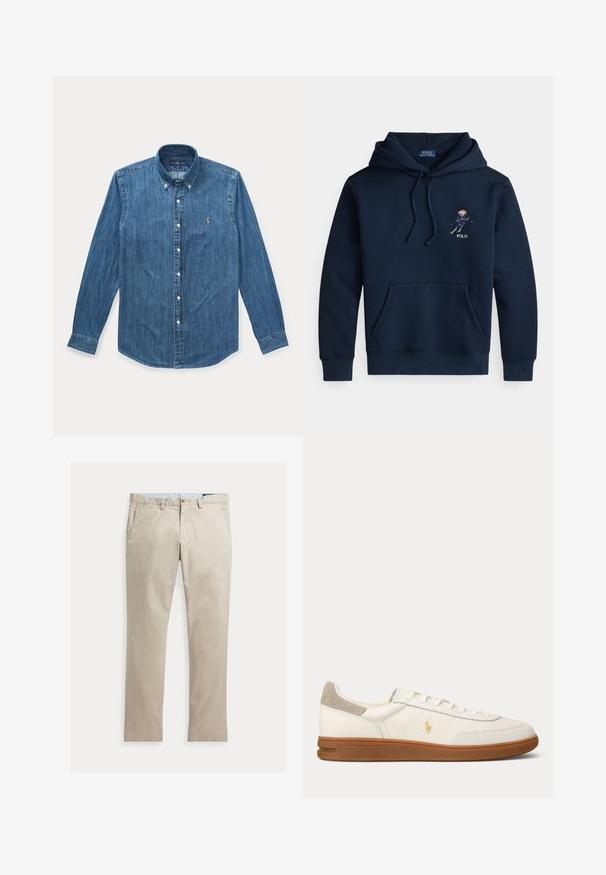 Marineblauer Kapuzenpullover mit Fronttasche, Kordelzügen und kleinem, gesticktem Skifahrer-Motiv sowie "POLO"-Schriftzug auf der Brust.; Langärmeliges blaues Denim-Hemd mit Knöpfen, Kragen und kleinem eingesticktem Logo auf der linken Brust.; Beige Baumwollhose mit geradem Bein, Fronttaschen, Gürtelschlaufen, Knopfverschluss und Reißverschluss, flach auf weißem Hintergrund dargestellt.; Weißer Leder-Low-Top-Sneaker mit brauner Gummisohle, beigem Wildleder-Absatzfleck und kleinem goldenen Polo-Logo an der Seite.