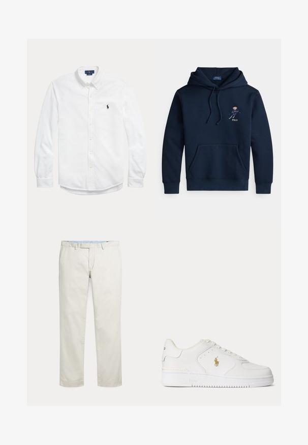 Marineblauer Kapuzenpullover mit Fronttasche, Kordelzügen und kleinem, gesticktem Skifahrer-Motiv sowie "POLO"-Schriftzug auf der Brust.; Weißes langärmliges Hemd mit Knopfleiste, Button-down-Kragen und kleinem dunklem Polo Ralph Lauren Logo auf der linken Brust.; Cremefarbene gerade geschnittene Hosen mit Gürtelschlaufen und verdecktem vorne liegenden Verschluss auf einfarbigem Hintergrund.; Weißer Leder-Sneaker mit niedrigem Schnitt, weißen Schnürsenkeln und einem goldfarbenen Polo Ralph Lauren-Logo an der Seite sowie "Polo" auf der Sohle geprägt.