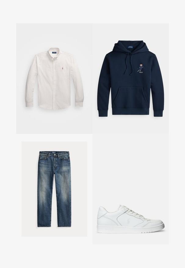 Marineblauer Kapuzenpullover mit Fronttasche, Kordelzügen und kleinem, gesticktem Skifahrer-Motiv sowie "POLO"-Schriftzug auf der Brust.; Weißes Hemd mit knopflosem Kragen und feinen vertikalen Streifen in hellem Beige. Es hat einen klassischen Kragen, lange Ärmel und ein kleines gesticktes Logo auf der Brust.; Locker geschnittene Jeans aus blauem Denim mit verwaschenem Finish, sichtbaren Gebrauchsspuren, gerader Silhouette und traditionellem Knopfverschluss.; Weißer Ledersneaker mit glatter Textur, ausgestattet mit einer perforierten Zehenpartie, Schnürverschluss und gesticktem Logo an der Seite. Weiße Gummisohle.