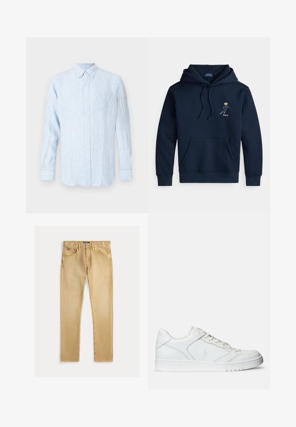 Sweat à capuche bleu marine avec poche avant, cordons de serrage, petit motif brodé d'un skieur et texte "POLO" sur la poitrine.; Chemise à rayures bleu clair avec boutons, manches longues, col, poche poitrine et un petit détail de logo en rose.; Jeans en coton beige avec une coupe slim, conception à cinq poches et coutures visibles. Comprend un bouton en métal et une étiquette sur la taille.; Baskets en cuir blanc avec une texture lisse, présentant un bout perforé, un système de laçage et un logo brodé sur le côté. Semelle en caoutchouc blanc.