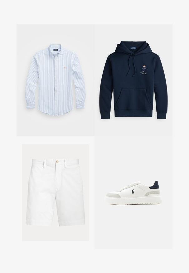 Marineblauer Kapuzenpullover mit Fronttasche, Kordelzügen und kleinem, gesticktem Skifahrer-Motiv sowie "POLO"-Schriftzug auf der Brust.; Hellblau und weiß gestreiftes Button-up-Hemd mit Kragen, langen Ärmeln und einem kleinen gestickten Logo auf der Brust. Aus Baumwollmaterial.; Weiße kniehohe Shorts mit Gürtelschlaufen und braunem Knopfverschluss an der Taille, auf schlichtem Hintergrund dargestellt.; Weißer Sneaker mit niedrigem Schaft, schwarzem Fersenriemen, grauen Wildlederakzenten, dicker Sohle und schwarzem Polo-Logo an der Außenseite.