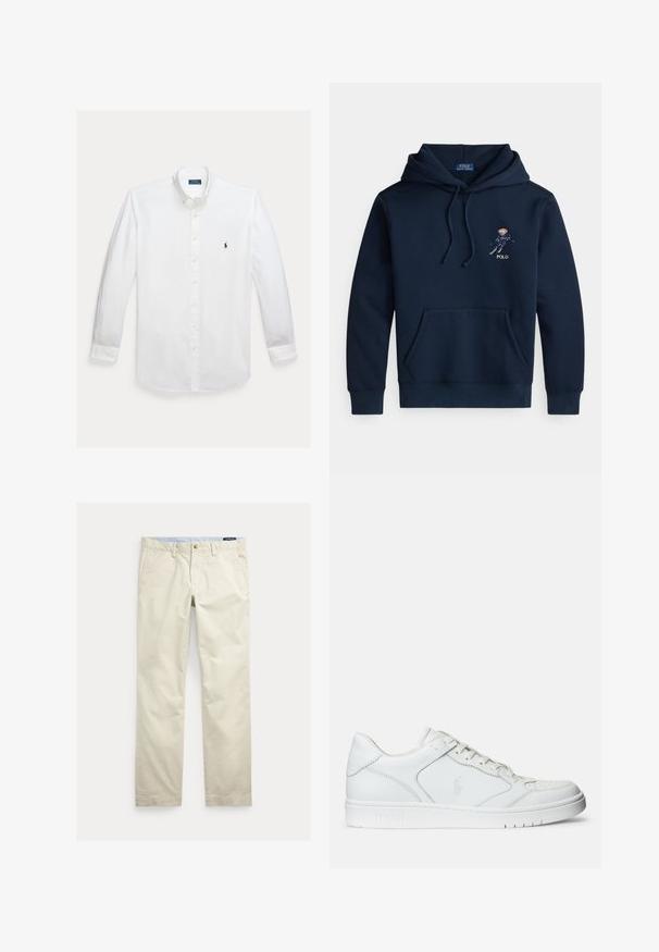 Marineblauer Kapuzenpullover mit Fronttasche, Kordelzügen und kleinem, gesticktem Skifahrer-Motiv sowie "POLO"-Schriftzug auf der Brust.; Weißes Hemd mit langen Ärmeln, Knopfleiste, Kragen und kleinem dunkelblauem Polo Ralph Lauren Logo auf der Brust gestickt.; Beige Baumwollhosen mit geradem Bein, Gürtelschlaufen, vorderem Knopf, Reißverschluss und Seitentaschen.; Weißer Ledersneaker mit glatter Textur, ausgestattet mit einer perforierten Zehenpartie, Schnürverschluss und gesticktem Logo an der Seite. Weiße Gummisohle.