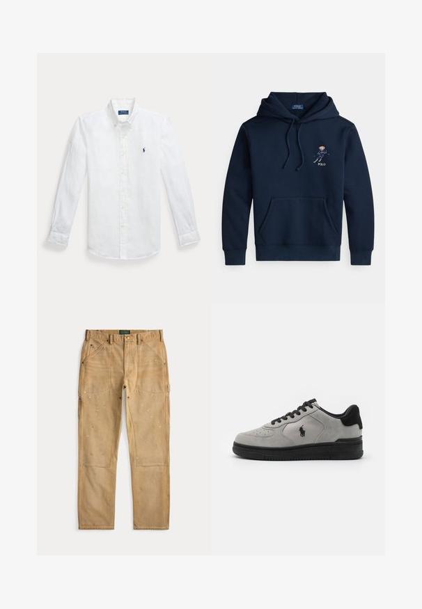 Donkerblauwe hoodie met voorkantzak, trekkoorden, een kleine geborduurde skisprongafbeelding en de tekst "POLO" op de borst.; Witte linnen overhemd met lange mouwen en knoopsluiting, voorzien van een puntige kraag en een geborduurd blauw logo op de linkerkant van de borst. Heeft knoopmanchetten.; Tan carpenterbroek met versterkte knieën, meerdere zakken, ceintuurlussen en verfspetters, plat gelegd op een witte achtergrond.; Grijze suède sneakers met zwarte accenten, met een textuurstof zijpaneel, een ronde neus en een zwarte rubberen zool. Logo geborduurd op de zijkant.