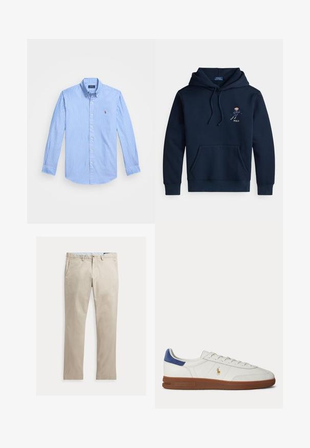 Donkerblauwe hoodie met voorkantzak, trekkoorden, een kleine geborduurde skisprongafbeelding en de tekst "POLO" op de borst.; Blauwe en witte gestreepte lange mouwen overhemd met een puntige kraag en logo-embleem op de borst. Katoenen stof met een gladde textuur.; Beige katoenen broek met rechte pijpen, voorzakken, riemlussen, knoopsluiting en ritssluiting, plat liggend op een witte achtergrond.; Witte lage sneaker met bruine zool, blauwe hieltab, veters en gouden Polo Ralph Lauren-logo aan de zijkant.