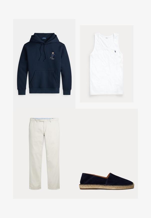 Donkerblauwe hoodie met voorkantzak, trekkoorden, een kleine geborduurde skisprongafbeelding en de tekst "POLO" op de borst.; Witte mouwloze tanktop met ronde halslijn en klein marineblauw Polo Ralph Lauren paardenlogo op de linkerborst.; Rechte broeken in roomkleur met riemlussen en een verborgen voorsluiting op een effen achtergrond.; Donkerblauwe suède espadrille met zool van natuurlijk jute touw en gestikte rand, platte instapper met lage hak.