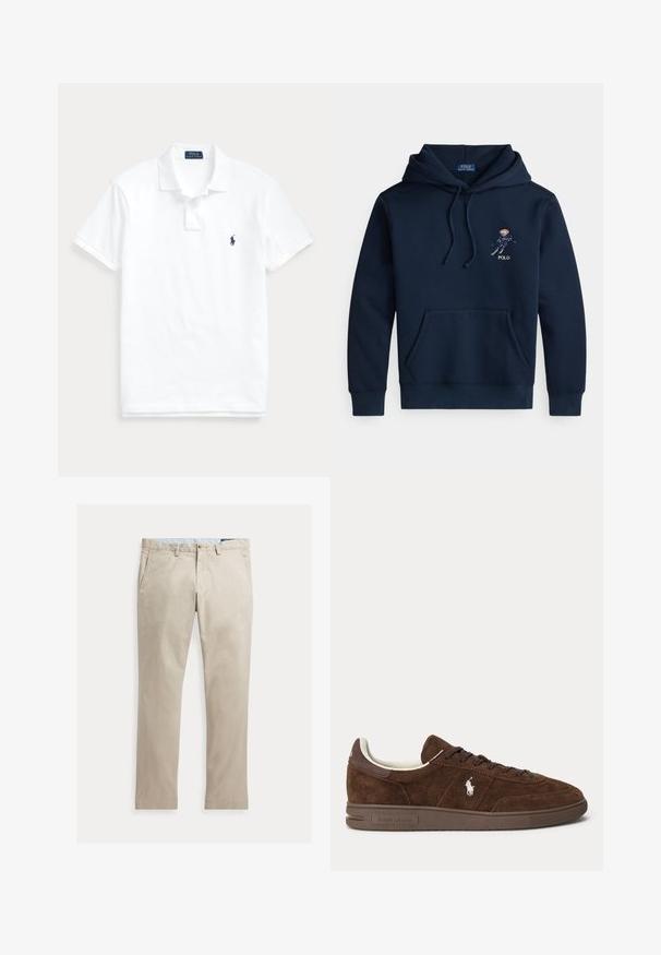 Marineblå hættetrøje med forlomme, snoretræk og lille broderet skiløbergrafik samt "POLO"-tekst på brystet.; Hvid polo t-shirt med korte ærmer, krave, to-knaps lukning og lille mørkeblå logo på venstre bryst.; Beige bomuldsbukser med lige ben, forlommer, bæltestropper, knaplukning og lynlås, lagt fladt på en hvid baggrund.; Brun ruskind lavskaftet sneaker med mørkebrun sål, snørebånd og hvidt broderet Polo-logo på siden.