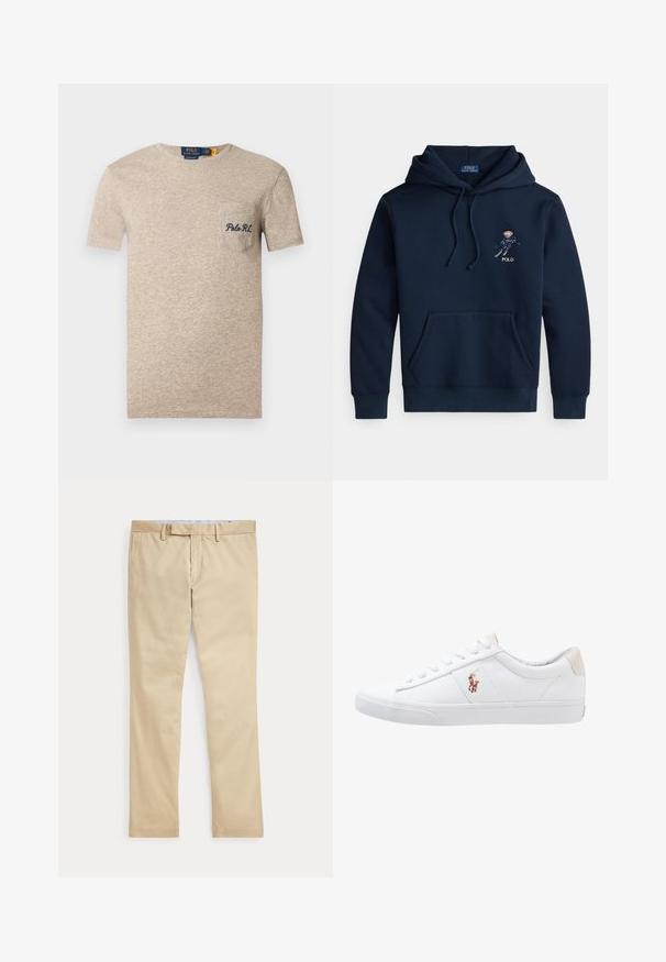Navy blue hoodie with front pocket, drawstrings, and small embroidered skier graphic and "POLO" text on chest.; Beige cotton t-shirt with a crew neck, short sleeves, and a left chest pocket featuring embroidered "Polo RL" in navy blue.; Beige straight-leg trousers with belt loops and a front zipper fly, laid flat against a white background.; White canvas sneaker with a low-top design, featuring a beige heel tab and a small embroidered logo on the side. Rubber sole.