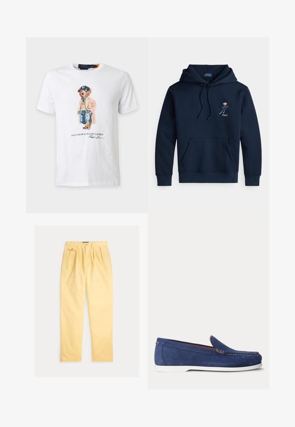Sweat à capuche bleu marine avec poche avant, cordons de serrage, petit motif brodé d'un skieur et texte "POLO" sur la poitrine.; T-shirt blanc avec un ours portant un manteau beige, un pull à carreaux, un jean, des bottes et une casquette NY bleu marine avec le texte ""Polo Bear by Ralph Lauren"".; Pantalon en coton jaune clair à coupe décontractée, doté d'un devant plissé, de passants pour ceinture et d'une poche avant unique avec fermeture à bouton.; Mocassin en daim bleu avec semelle blanche et surpiqûres beiges le long du bord supérieur, présenté sur un fond blanc uni.