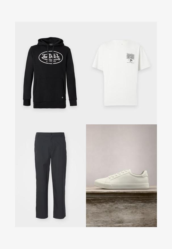 Must kapuutsiga dressipluus ees tasku ja valge Von Dushi California logo rinnal keskel, reguleeritava nööriga kapuutsiga.; Valge lühikeste varrukatega T-särk, millel on väike must "Dickies" logo ja multifilmitegelane, kes hoiab tööriistu, ülemise vasaku rinna piirkonnas.; Sile mustad püksid, mis on valmistatud siledast kangast, sirge säärega disain, esimesel nööp sulgemine ja standardtaskud.; Valged nööpidega ketsid, mis hõljuvad puidust pingil rohelise lehestiku taustal, näidates uue disaini ja tekstuuri.