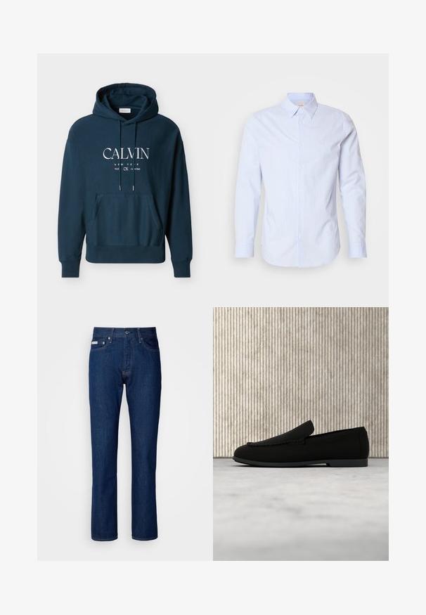 Tumesinine pullover-tüüpi kapuutsiga dressipluus esikotiga ja valge tekstiga "CALVIN NEW YORK 1968 CK Calvin Klein" rinnal keskel.; Heleroheline triiksärk, millel on õhukesed vertikaalsed triibud, pikad varrukad ja klassikaline krae. Rinnal on väike logo.; Tumed sinine teksapüksid, otse jalaga disainiga, millel on lõppkinnitus ja nööbid, viis taskut ning diskreetne õmblemise detail.; Mustad libisevad loafers-tüüpi kingad hõljuvad hele vaiba kohal, taustal on kõverusega merevaigupruuni tooni modernne laud.