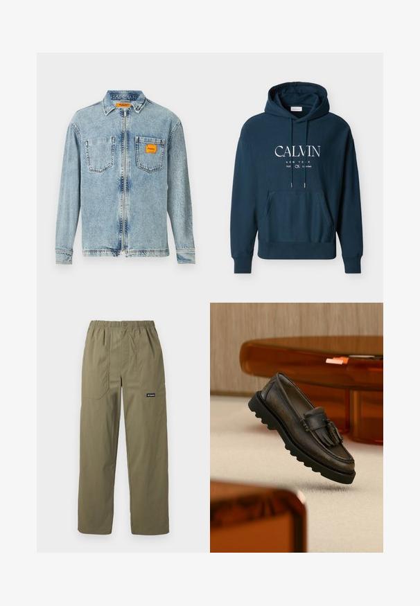 Mørkeblå pullover-hoodie med frontlomme og hvid "CALVIN NEW YORK 1968 CK Calvin Klein" tekst centreret på brystet.; Lys blå denimjakke med fuld frontlynlås, to brystlommer og et lille orange Replay Inc. label på højre lomme og krave.; Olivengrønne bukser med lige ben, elastisk linning, foran påsyede lommer, knaplukning og Columbia-logo på højre lomme.; Mørkebrun læderloafer med kvaster, sort kraftig sål, vist på beige tæppe nær gennemsigtigt orange møbel.