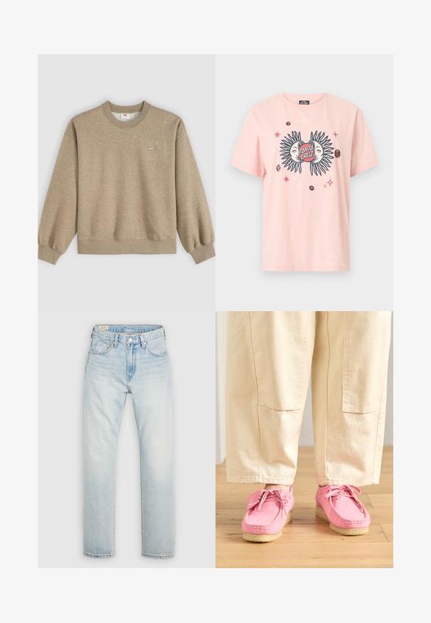 Béžová mikina s okrúhlym výstrihom, dlhými rukávmi a malým logom Levi's na ľavej strane hrudníka na svetlom pozadí.; Svetloružové tričko s grafikou dvoch slniek s tvárami, ktoré obklopujú červený ovál s nápisom „Santa Cruz“, doplnené o roztrúsené malé hviezdy a planéty.; Svetlomodré džínsy z denimu s priamym strihom nohavíc, päťvreckovým dizajnom a mierne vyblednutým povrchom. Zapínanie na gombík a zips.; Ružové semišové mokasínové topánky so šnúrkami, ktoré majú textúrovaný povrch a svetlo béžovú gumovú podrážku, skombinované s béžovými nohavicami.