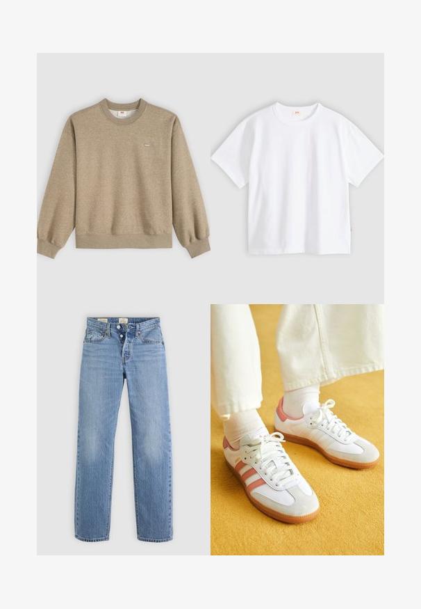 Beige sweater met ronde hals, lange mouwen en een klein Levi's-logo op de linkerborst tegen een lichte achtergrond.; Wit katoenen t-shirt met korte mouwen, ronde hals, losse pasvorm, gladde textuur en een klein logolabel aan de linker zijnnaad.; Lichtblauwe denim jeans met een recht model, metalen knoopsluiting, zijzakken en subtiele vervagingdetails doorheen.; Witte sportschoenen met roze accenten, gemaakt van suede en leer, met een ronde neus en een rubberen zool, weergegeven met lichtgekleurde sokken op een gele achtergrond.
