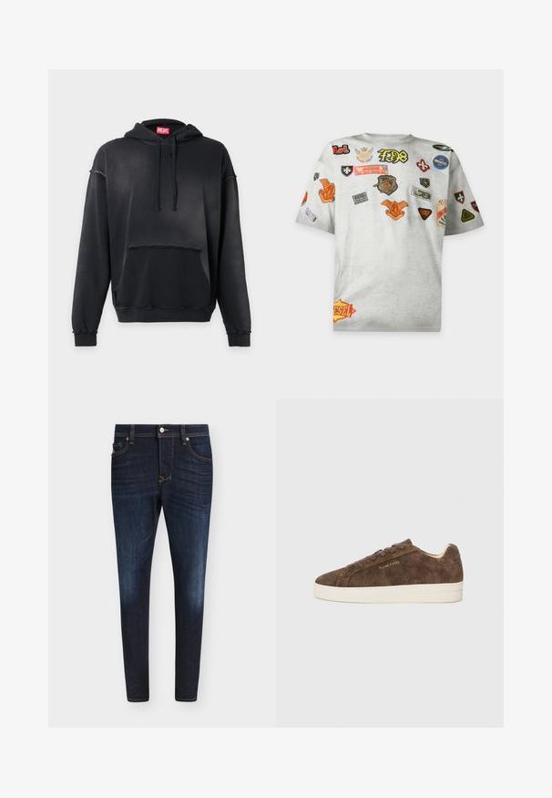 Sweat à capuche Diesel noir avec poche avant, capuche à cordon et détails à bords bruts sur les manches et la zone des poches.; T-shirt gris clair à manches courtes avec différents patchs brodés colorés et logos dispersés sur le devant et les manches.; Jean slim bleu foncé avec légère décoloration sur les cuisses, design cinq poches, bouton à l'avant et passants de ceinture sur fond blanc.; Baskets en daim marron avec une silhouette basse, un bout arrondi et une semelle en caoutchouc blanc. Elles présentent des lacets foncés et un logo discret sur le côté.