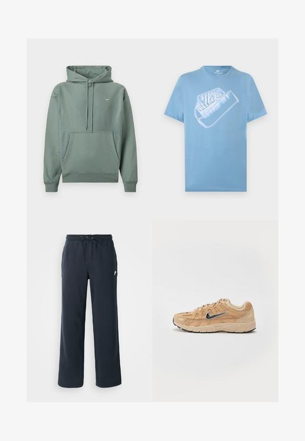 Sudadera verde hecha de mezcla de algodón, con un bolsillo frontal, capucha con cordón y un pequeño logo blanco en el pecho. Textura suave, diseño casual.; Camiseta Nike de manga corta en azul claro con un gran logo estilizado de Nike en blanco y un gráfico de la marca swoosh en el pecho.; Pantalones de chándal azul marino oscuro con cintura elástica y cordón. Hechos de tela suave, presentan un pequeño logo blanco en la cadera izquierda.; Zapatilla deportiva beige con materiales de malla y ante, silueta curva, suela negra, prominente logo plateado de Nike en el lateral y acentos texturizados.