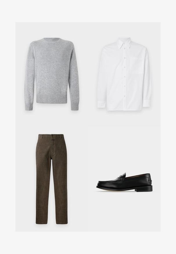 Pull léger gris clair en tissu tricoté doux, présentant un col rond classique, des poignets côtelés et un ourlet côtelé pour plus de texture.; Chemise blanche à manches longues en coton. Elle possède un col classique, une fermeture à boutons sur le devant et une poche poitrine simple du côté gauche.; Pantalons en velours côtelé marron avec des rayures verticales, une coupe droite et une fermeture à bouton à l'avant. Texture lisse avec un design classique.; Mocassin homme en cuir noir avec un petit talon et une couture de style mocassin sur l'avant, vu de côté sur un fond uni.