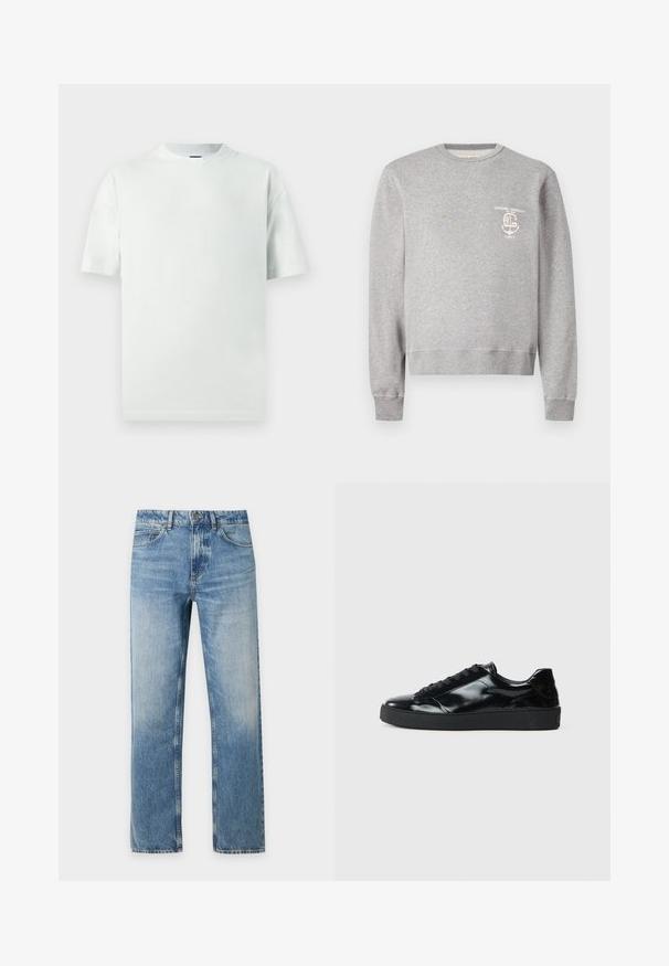 Sweat-shirt gris clair à col rond, manches longues et petit logo blanc imprimé à gauche sur la poitrine indiquant « Officine Generale Paris 6 ».; T-shirt en coton vert clair avec coupe décontractée, manches courtes et col rond côtelé. Sans motifs ni accents supplémentaires.; Jean denim bleu clair à coupe droite avec cinq poches et fermeture bouton sur un fond uni.; Baskets en cuir verni noir avec un bout arrondi, un laçage, une semelle en caoutchouc texturé et une finition lisse.