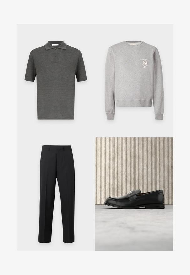 Sweat-shirt gris clair à col rond, manches longues et petit logo blanc imprimé à gauche sur la poitrine indiquant « Officine Generale Paris 6 ».; Polo-shirt gris foncé en tissu texturé, avec un col, trois boutons et des manches courtes.; Pantalon droit noir avec passants de ceinture, pli avant et braguette zippée sur fond blanc.; Mocassin en cuir noir avec une plaque de marque en métal reposant près d'une table ronde marron sur un sol recouvert de moquette beige.