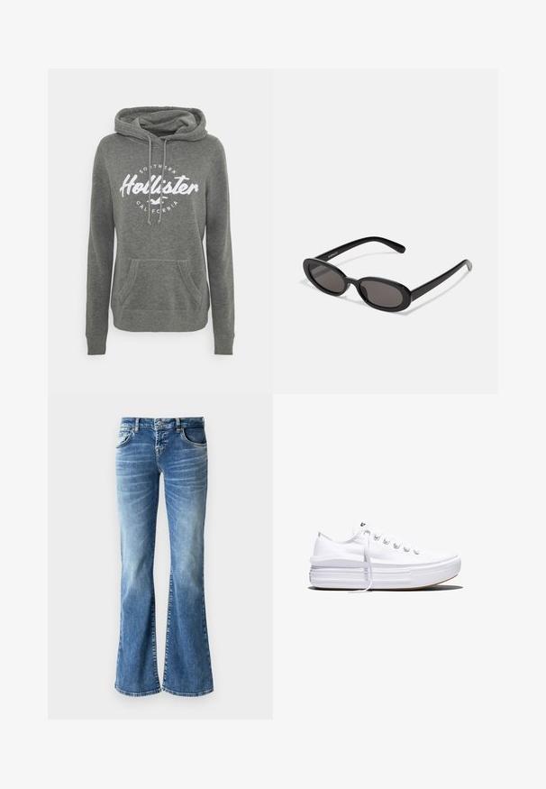 Grijze hoodie van een katoenmix, met een voorzak, trekkoorden en een wit cirkelvormig logo met "Hollister Southern California."; Lichtblauwe denim flared jeans met een vervaagde wassing, vijf zakken, gestikte details en een rits met knopsluiting.; Witte lage canvas sneaker met dikke plateauzool, veters aan de voorkant en rubberen toeskap met structuur, zijaanzicht.; Even&Odd Zonnebril - black