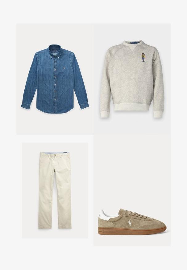 Sudadera gris con cuello en V y mangas raglán, que presenta una figura colorida bordada y el logo "POLO" en el pecho. textura suave.; Camisa vaquera azul de manga larga con botones, cuello y pequeño logo bordado en el pecho izquierdo.; Pantalones de algodón beige de corte recto con trabillas para cinturón, botón frontal, cierre de cremallera y bolsillos laterales.; Zapatilla baja de ante beige con suela marrón, detalle blanco en el talón, cordones y un logo bordado blanco de un jugador de polo en el lateral.