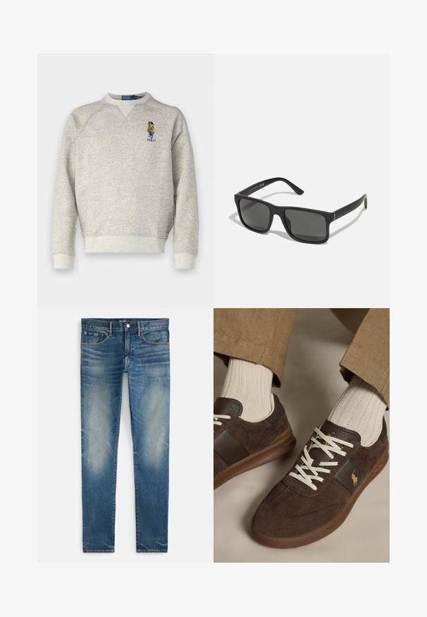 Sudadera gris con cuello en V y mangas raglán, que presenta una figura colorida bordada y el logo "POLO" en el pecho. textura suave.; Vaqueros ajustados azul deslavado con cierre de botón y cremallera, bolsillos delanteros y un pequeño bolsillo para monedas, mostrados planos sobre fondo blanco.; Zapatillas de ante marrón con cordones blancos, usadas con calcetines beige con canalé y pantalones marrón claro.; Gafas de sol rectangulares negras con lentes oscuros y acabado mate. Presentan un logotipo "POLO" grabado en las patillas y un diseño de marco resistente.