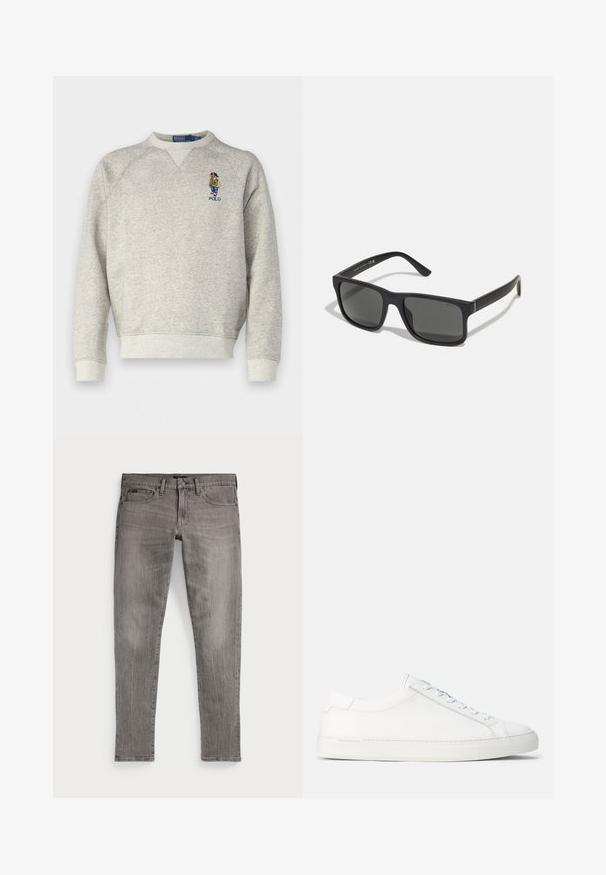 Sudadera gris con cuello en V y mangas raglán, que presenta una figura colorida bordada y el logo "POLO" en el pecho. textura suave.; Jeans de mezclilla gris, ajuste slim, con piernas rectas. Presentan un diseño clásico de cinco bolsillos, detalles de costura y una ligera textura descolorida.; Zapatillas deportivas de cuero blancas con una textura suave, forma redondeada, suela plana de goma y cordones blancos. Presentan un diseño minimalista y una marca sutil.; Gafas de sol rectangulares negras con lentes oscuros y acabado mate. Presentan un logotipo "POLO" grabado en las patillas y un diseño de marco resistente.