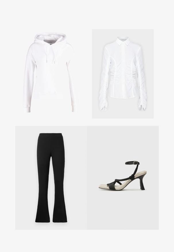 Hvid hættetrøje lavet af blødt stof, med en frontkangaroo-lomme, snor til hætten og ribbede manchetter og kant. Enkel, afslappet design.; Weekday GEO BLOUSE - Skjortebluser - white; Sorte ribbede flared bukser med høj talje. Det bløde, elastiske materiale giver en tætsiddende silhuet og en flared bund for stil og komfort.; Sorte hælede sandal med flettet remdesign, firkantet tå og justerbar ankelrem. Lys beige fodseng med en blank sort hæl.